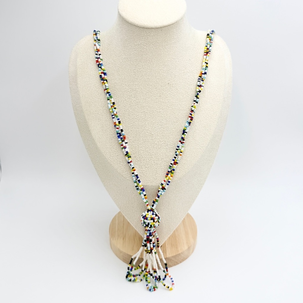 Vintage Multicolor Seed Bead Tassel Necklace Long Boho Strand